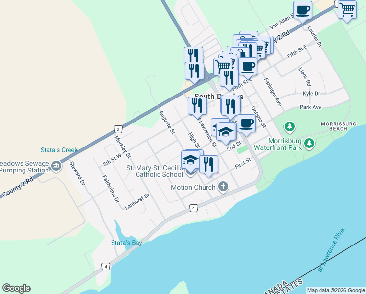 map of restaurants, bars, coffee shops, grocery stores, and more near 55 Augusta Street in Morrisburg