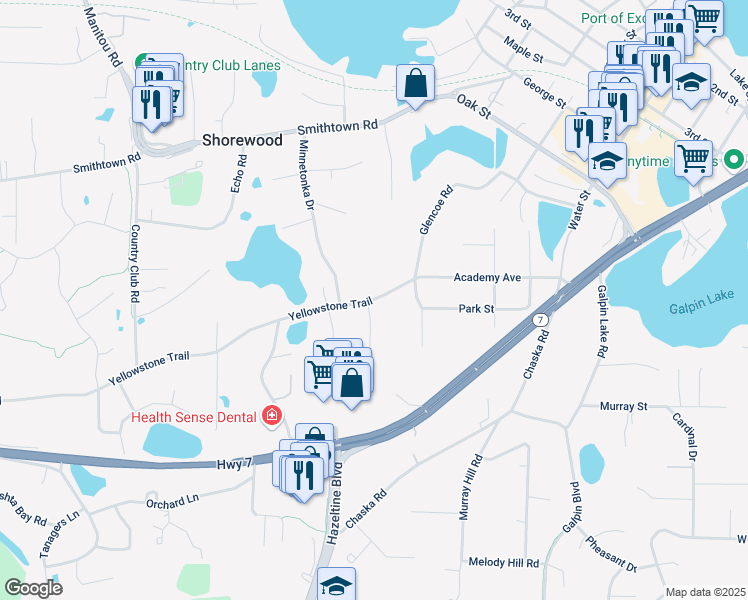 map of restaurants, bars, coffee shops, grocery stores, and more near Yellowstone Trail in Excelsior