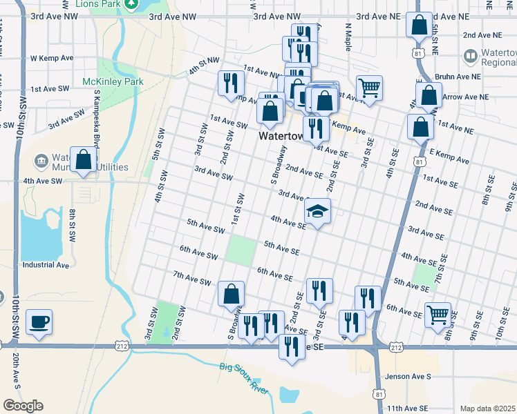 map of restaurants, bars, coffee shops, grocery stores, and more near 312 South Broadway in Watertown