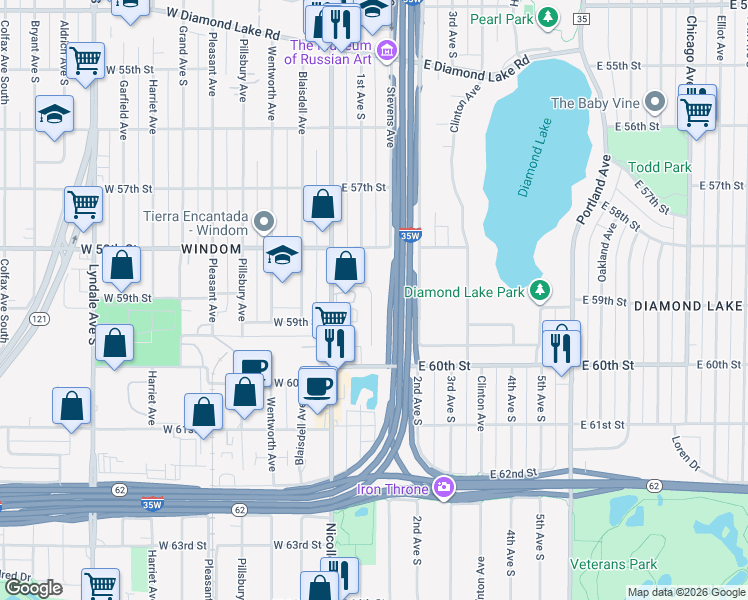 map of restaurants, bars, coffee shops, grocery stores, and more near 123 East 59th Street in Minneapolis