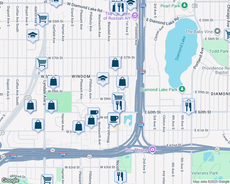 map of restaurants, bars, coffee shops, grocery stores, and more near 5839 Blaisdell Avenue in Minneapolis