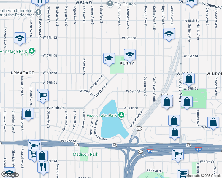 map of restaurants, bars, coffee shops, grocery stores, and more near 5843 Sunrise Drive in Minneapolis