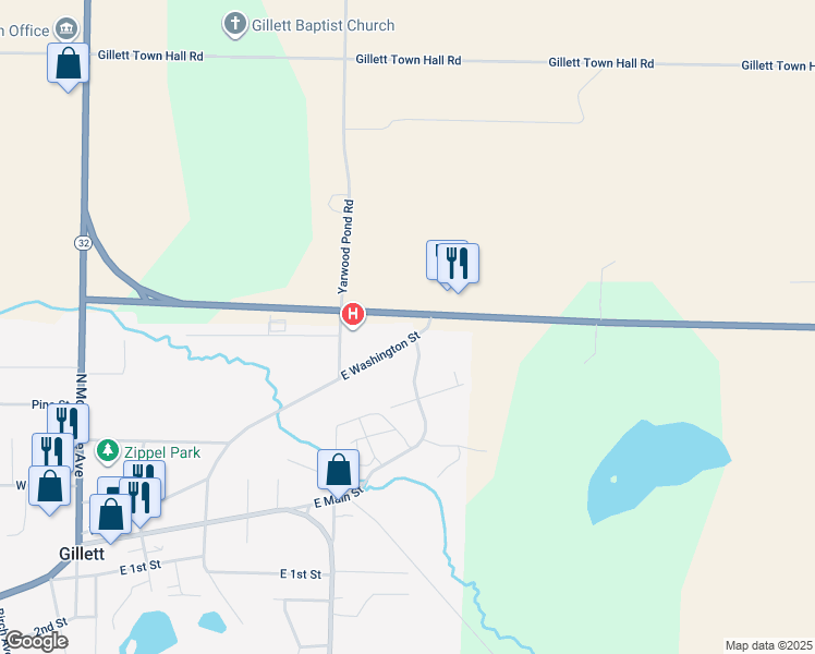 map of restaurants, bars, coffee shops, grocery stores, and more near 545 East Washington Street in Gillett