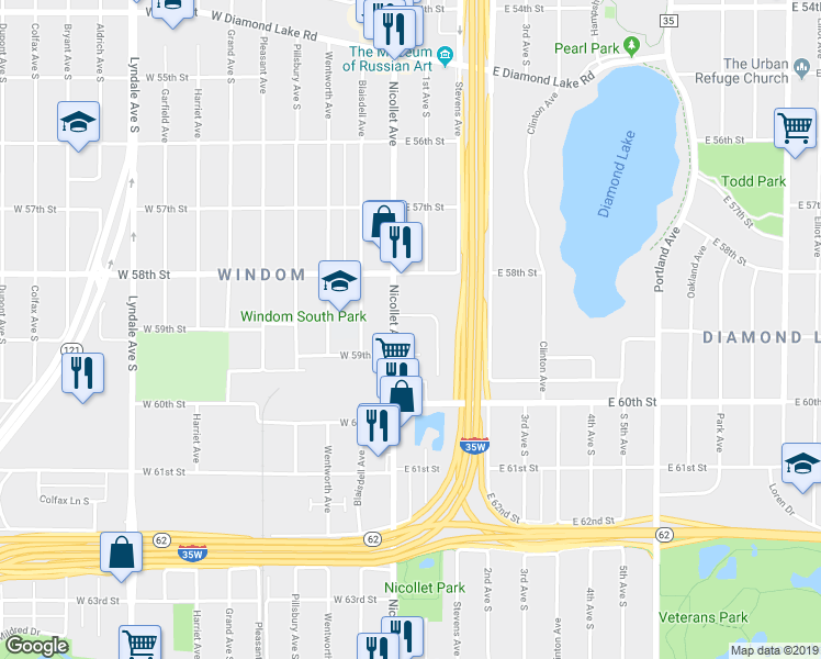 map of restaurants, bars, coffee shops, grocery stores, and more near 5901 Nicollet Ave in Minneapolis