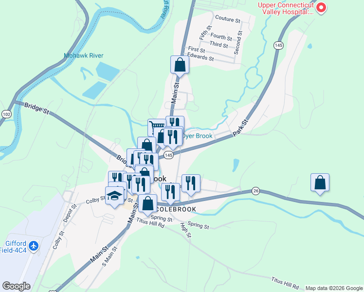 map of restaurants, bars, coffee shops, grocery stores, and more near 33 Park Street in Colebrook