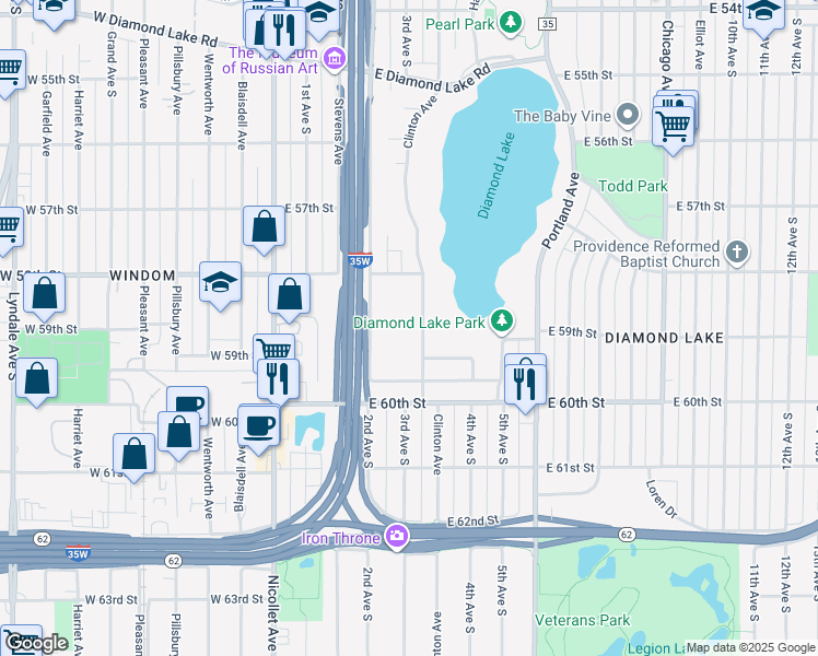 map of restaurants, bars, coffee shops, grocery stores, and more near 5840 Clinton Avenue in Minneapolis