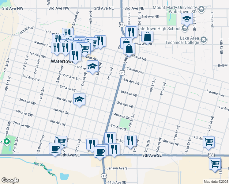 map of restaurants, bars, coffee shops, grocery stores, and more near 418 2nd Avenue Southeast in Watertown