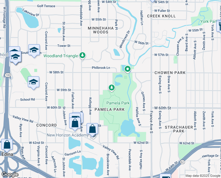 map of restaurants, bars, coffee shops, grocery stores, and more near 5845 Brookview Avenue in Minneapolis
