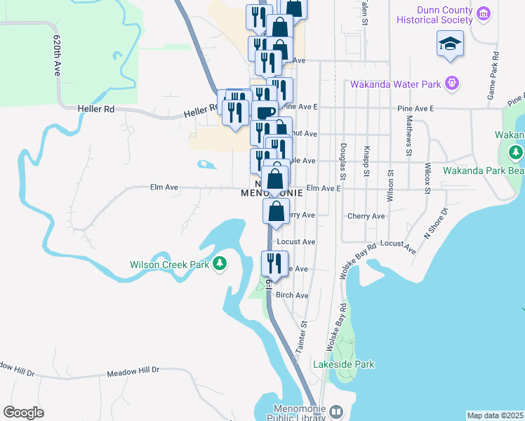 map of restaurants, bars, coffee shops, grocery stores, and more near 1207 North Broadway Street in Menomonie