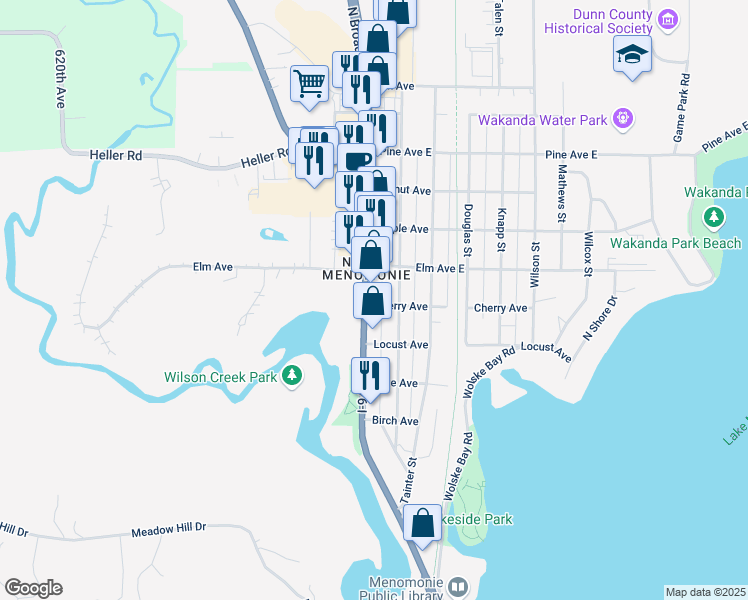 map of restaurants, bars, coffee shops, grocery stores, and more near 1207 Broadway Street in Menomonie