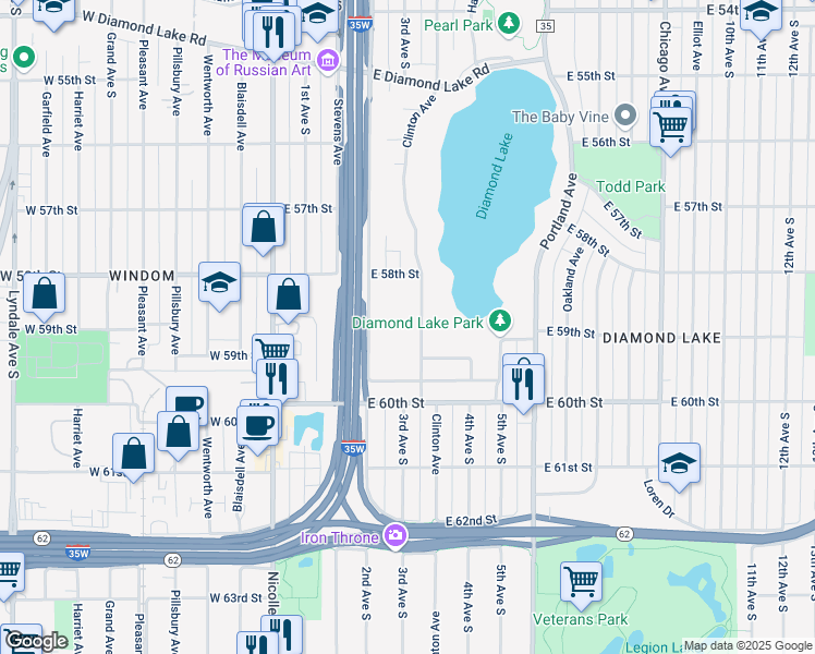 map of restaurants, bars, coffee shops, grocery stores, and more near 5840 Clinton Avenue in Minneapolis