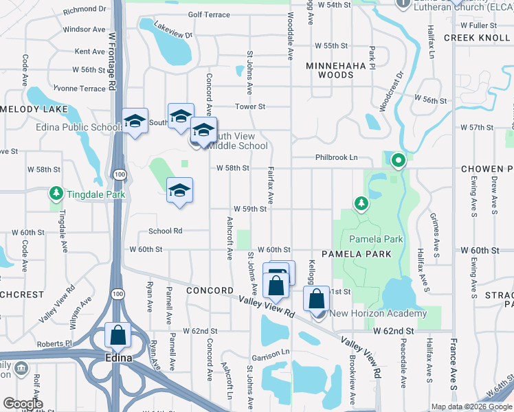 map of restaurants, bars, coffee shops, grocery stores, and more near 5840 Saint Johns Avenue in Edina