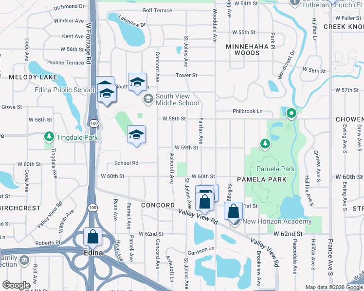 map of restaurants, bars, coffee shops, grocery stores, and more near 5840 Saint Johns Avenue in Edina