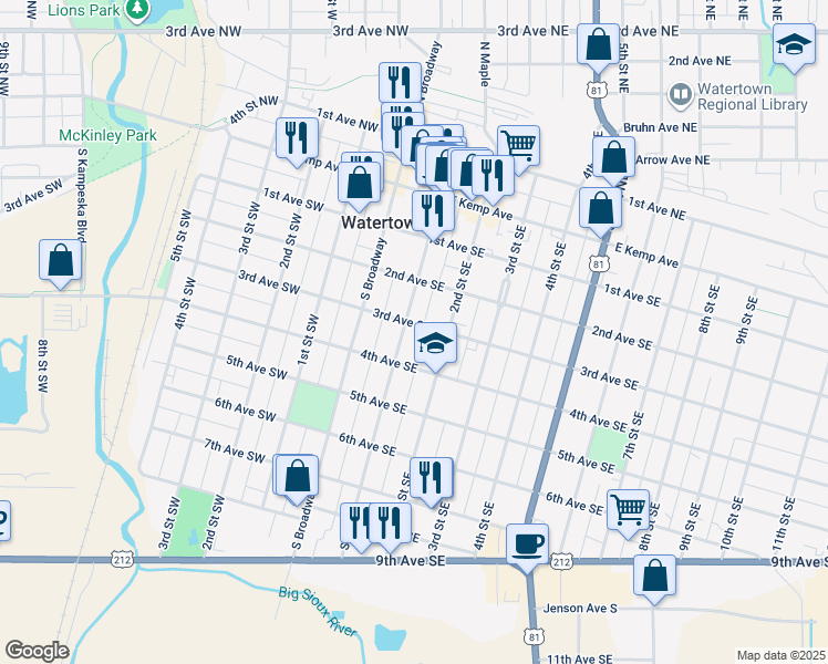 map of restaurants, bars, coffee shops, grocery stores, and more near 301-399 S Maple in Watertown