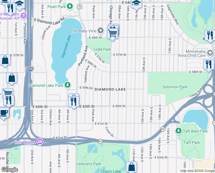 map of restaurants, bars, coffee shops, grocery stores, and more near in Minneapolis