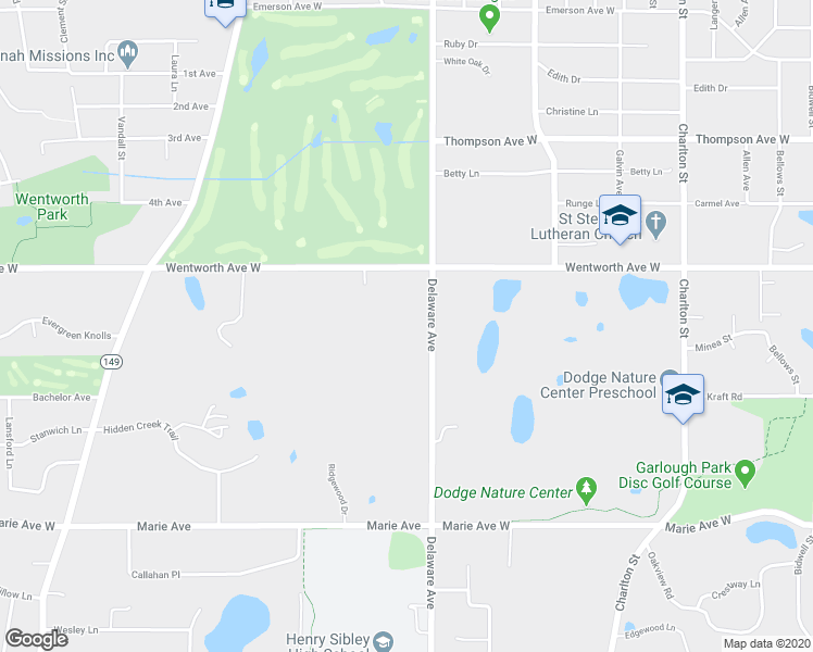map of restaurants, bars, coffee shops, grocery stores, and more near 1651 Delaware Avenue in Mendota Heights