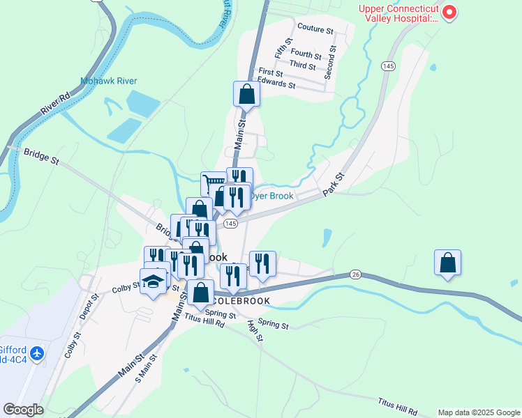 map of restaurants, bars, coffee shops, grocery stores, and more near 33 Park Street in Colebrook