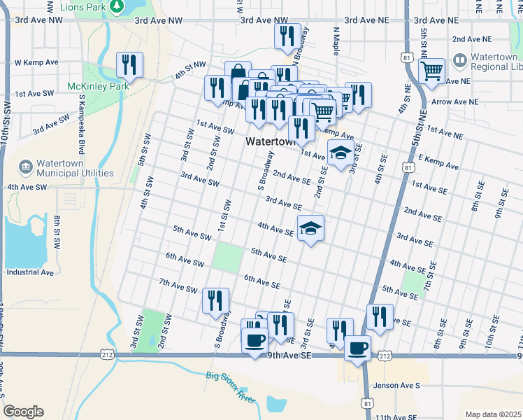 map of restaurants, bars, coffee shops, grocery stores, and more near 312 South Broadway in Watertown