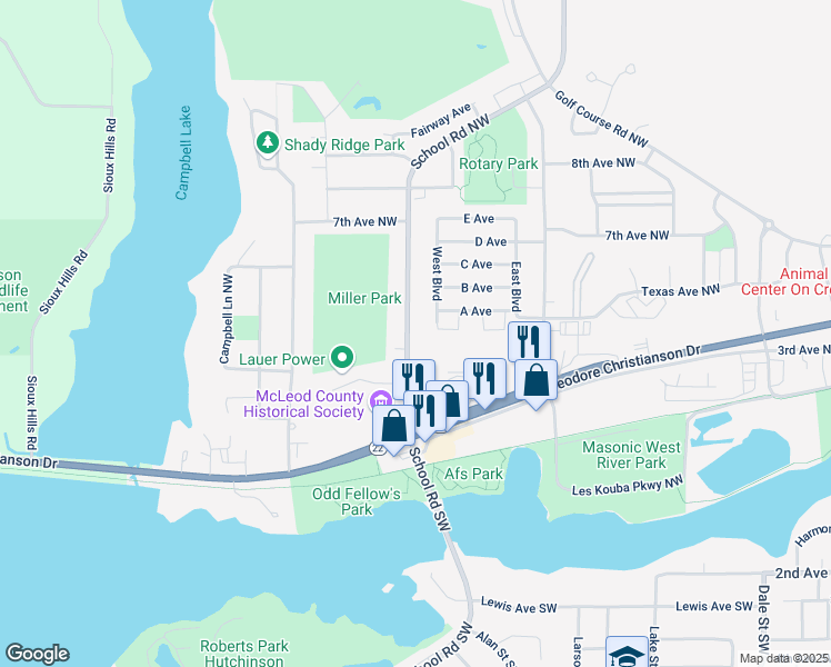 map of restaurants, bars, coffee shops, grocery stores, and more near 427 School Road Southwest in Hutchinson