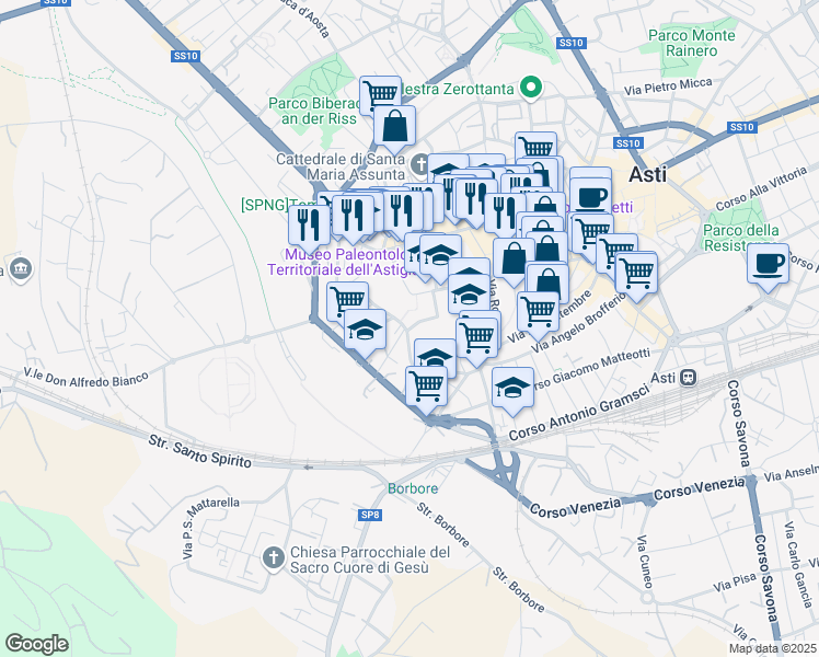 map of restaurants, bars, coffee shops, grocery stores, and more near 5 Via Carmine in Asti