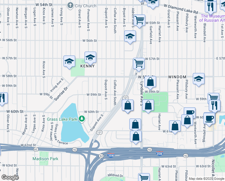 map of restaurants, bars, coffee shops, grocery stores, and more near 5836 Colfax Ave S in Minneapolis