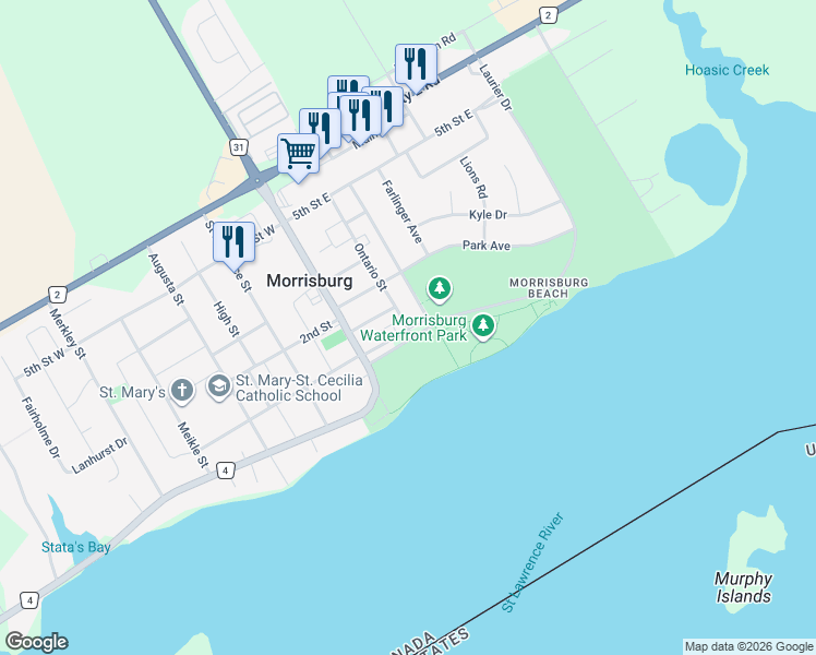 map of restaurants, bars, coffee shops, grocery stores, and more near 19 Ontario Street in Morrisburg