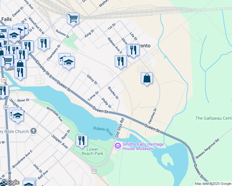 map of restaurants, bars, coffee shops, grocery stores, and more near 21 Bourke Street in Smiths Falls