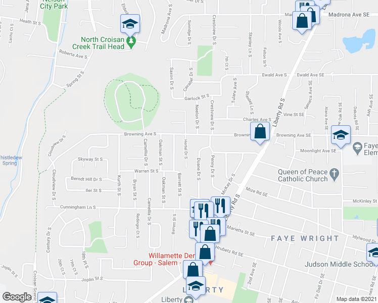 map of restaurants, bars, coffee shops, grocery stores, and more near 4098 Hertel Drive South in Salem