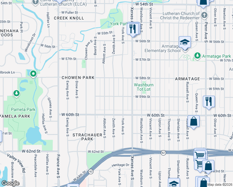 map of restaurants, bars, coffee shops, grocery stores, and more near 5841 Zenith Avenue South in Edina
