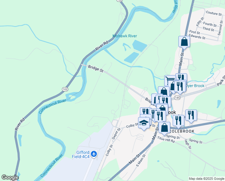 map of restaurants, bars, coffee shops, grocery stores, and more near 16 Gould Street in Colebrook
