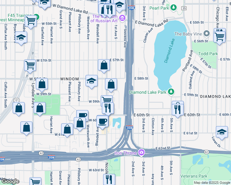 map of restaurants, bars, coffee shops, grocery stores, and more near 5901 Nicollet Avenue in Minneapolis