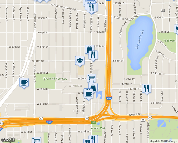 map of restaurants, bars, coffee shops, grocery stores, and more near 5839 Blaisdell Avenue in Minneapolis