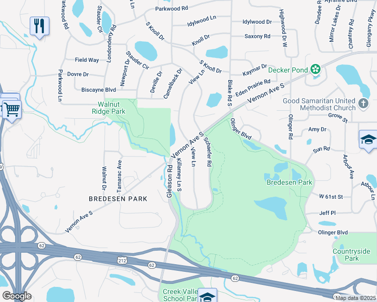map of restaurants, bars, coffee shops, grocery stores, and more near 5901 Killarney Lane South in Edina