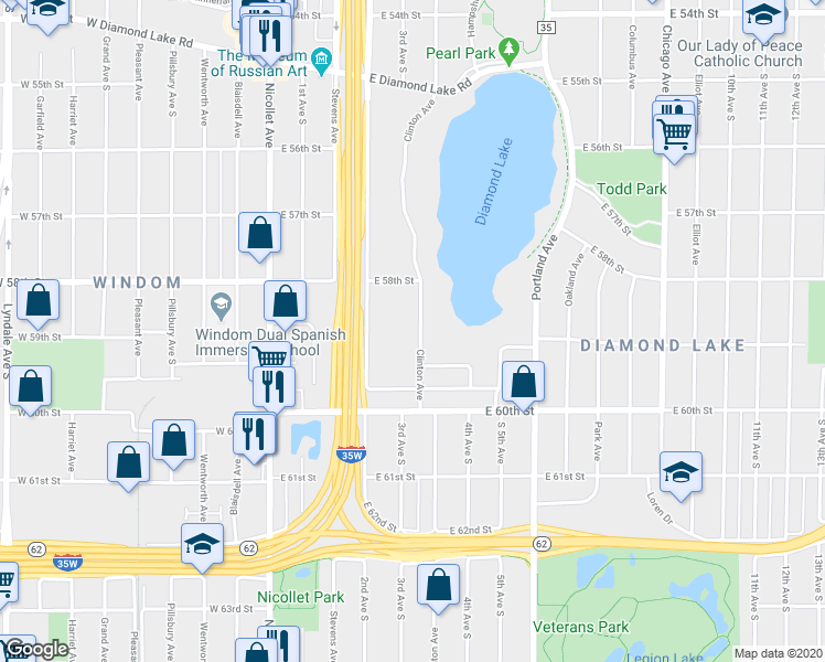 map of restaurants, bars, coffee shops, grocery stores, and more near 5840 Clinton Avenue in Minneapolis