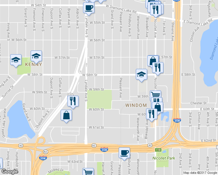 map of restaurants, bars, coffee shops, grocery stores, and more near 5844 Grand Avenue South in Minneapolis