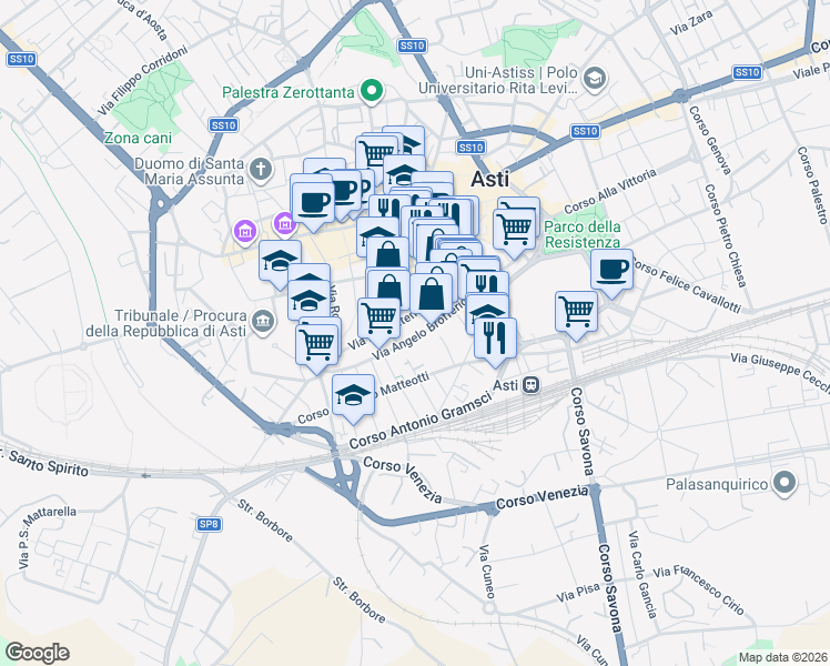 map of restaurants, bars, coffee shops, grocery stores, and more near 107 Via Angelo Brofferio in Asti