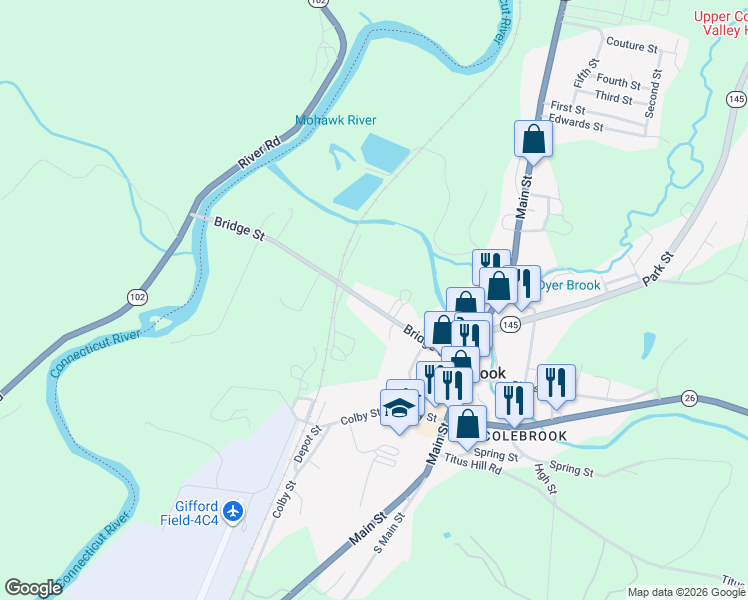 map of restaurants, bars, coffee shops, grocery stores, and more near 50 Bridge Street in Colebrook