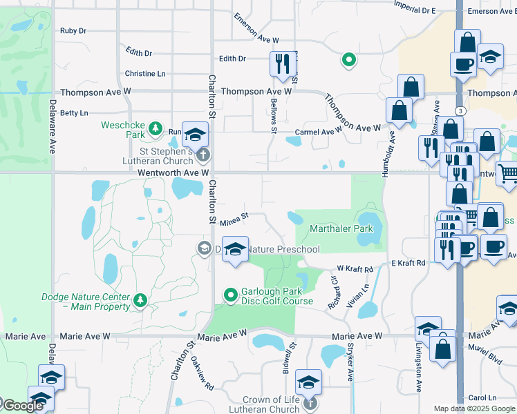 map of restaurants, bars, coffee shops, grocery stores, and more near 190 Wentworth Avenue West in Saint Paul