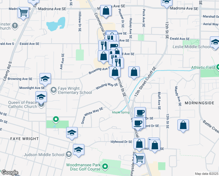 map of restaurants, bars, coffee shops, grocery stores, and more near 690 Winding Way Southeast in Salem