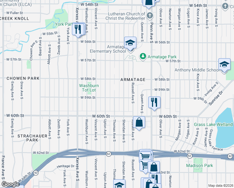 map of restaurants, bars, coffee shops, grocery stores, and more near 5851 Thomas Avenue South in Minneapolis