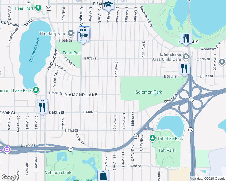 map of restaurants, bars, coffee shops, grocery stores, and more near 5836 12th Avenue South in Minneapolis