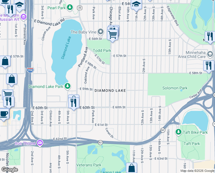 map of restaurants, bars, coffee shops, grocery stores, and more near in Minneapolis