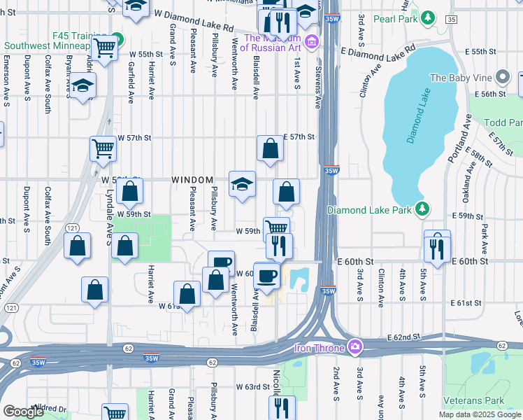 map of restaurants, bars, coffee shops, grocery stores, and more near 5839 Blaisdell Avenue in Minneapolis