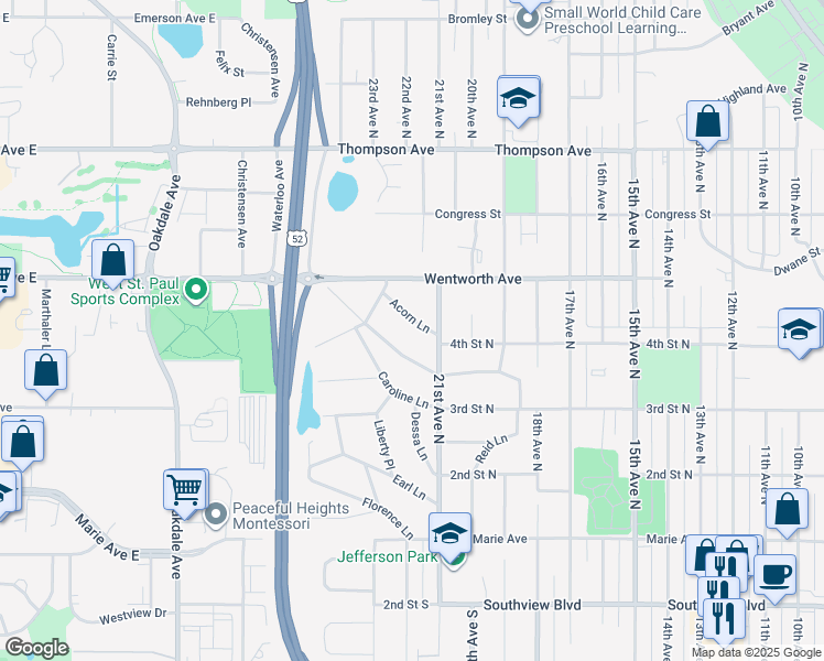 map of restaurants, bars, coffee shops, grocery stores, and more near 2121 Acorn Lane in South Saint Paul