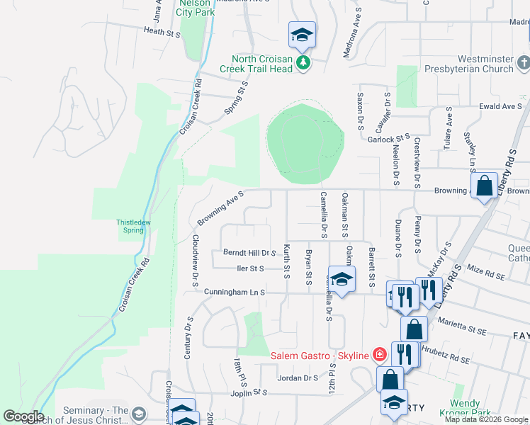map of restaurants, bars, coffee shops, grocery stores, and more near 4128 Cloud Drive South in Salem