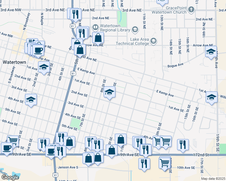 map of restaurants, bars, coffee shops, grocery stores, and more near 1st Avenue Southeast in Watertown