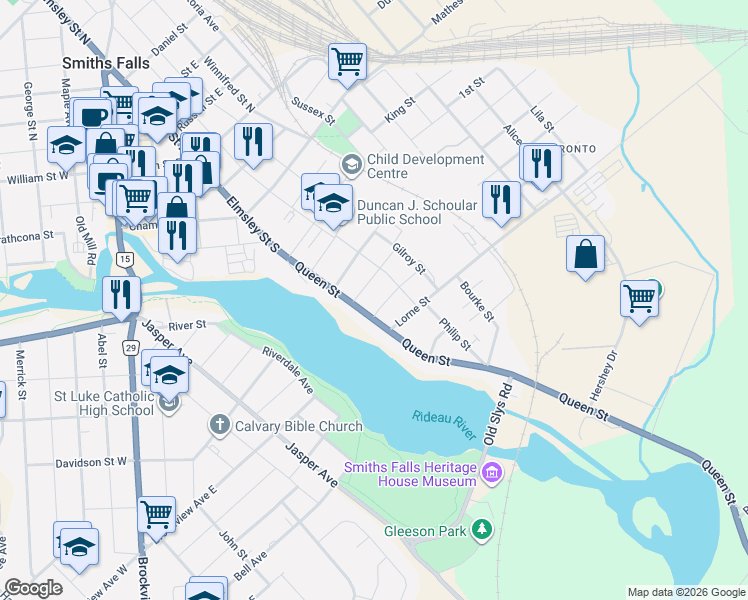 map of restaurants, bars, coffee shops, grocery stores, and more near 8 Roosevelt Drive in Smiths Falls