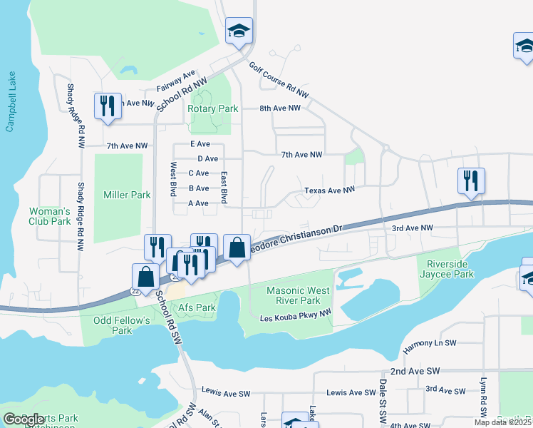 map of restaurants, bars, coffee shops, grocery stores, and more near 1020 Texas Avenue Northwest in Hutchinson