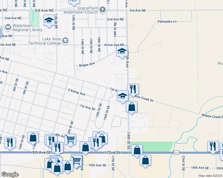 map of restaurants, bars, coffee shops, grocery stores, and more near 1598 1st Avenue Northeast in Watertown