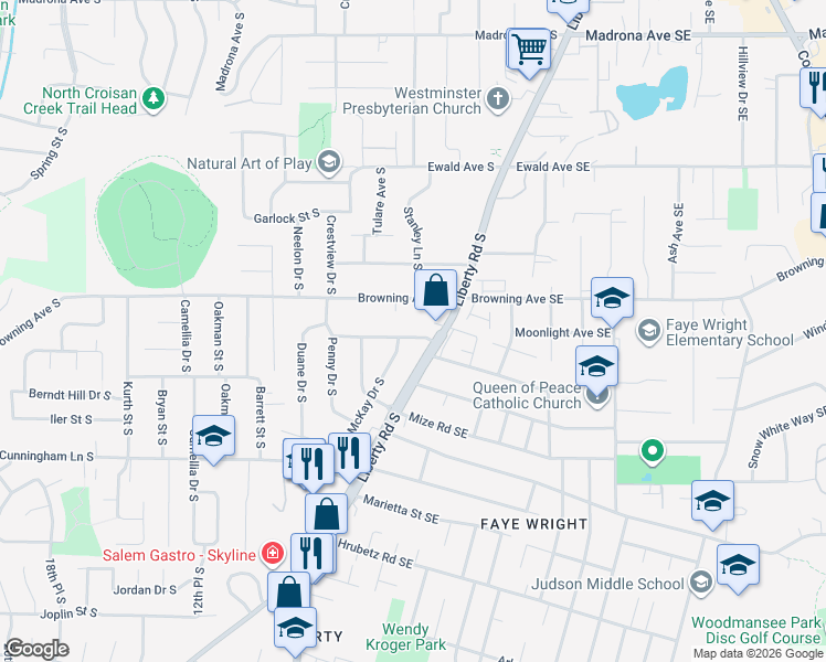 map of restaurants, bars, coffee shops, grocery stores, and more near 731 Lockwood Lane South in Salem